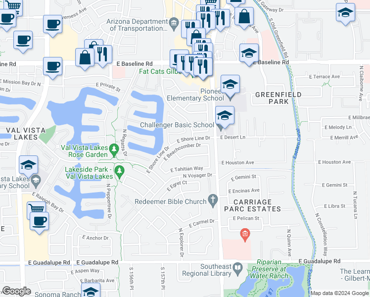 map of restaurants, bars, coffee shops, grocery stores, and more near 2249 East Beachcomber Drive in Gilbert