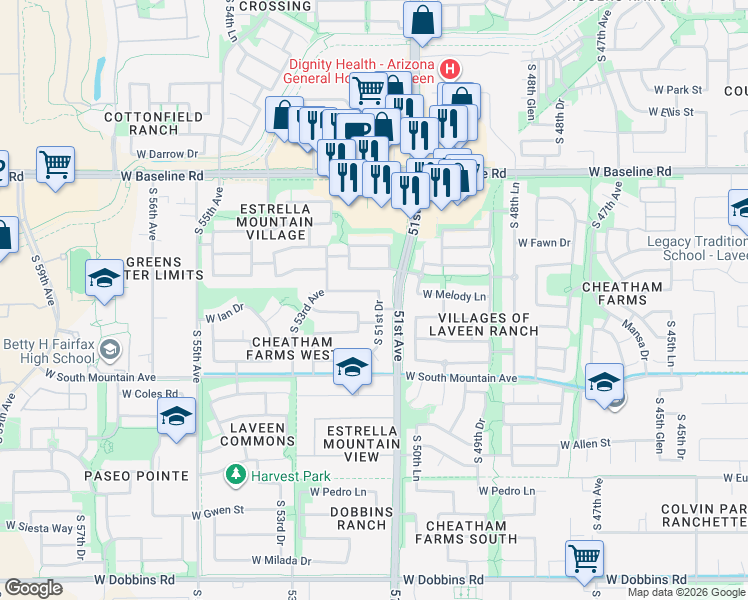 map of restaurants, bars, coffee shops, grocery stores, and more near 8024 South 51st Drive in Phoenix