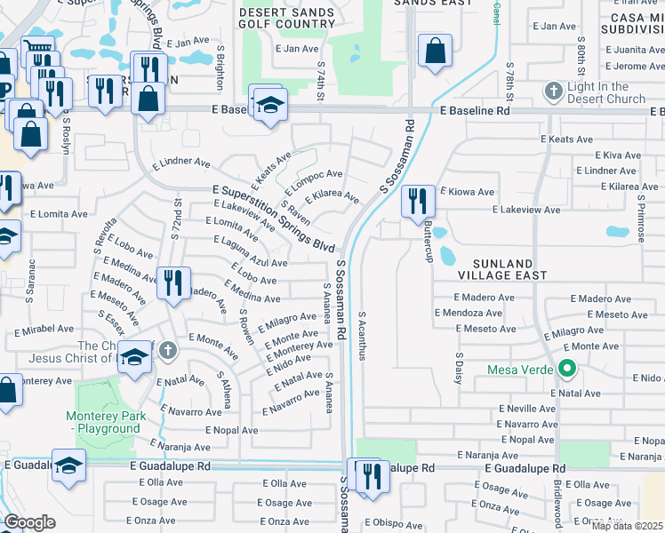 map of restaurants, bars, coffee shops, grocery stores, and more near 2315 South Ananea in Mesa