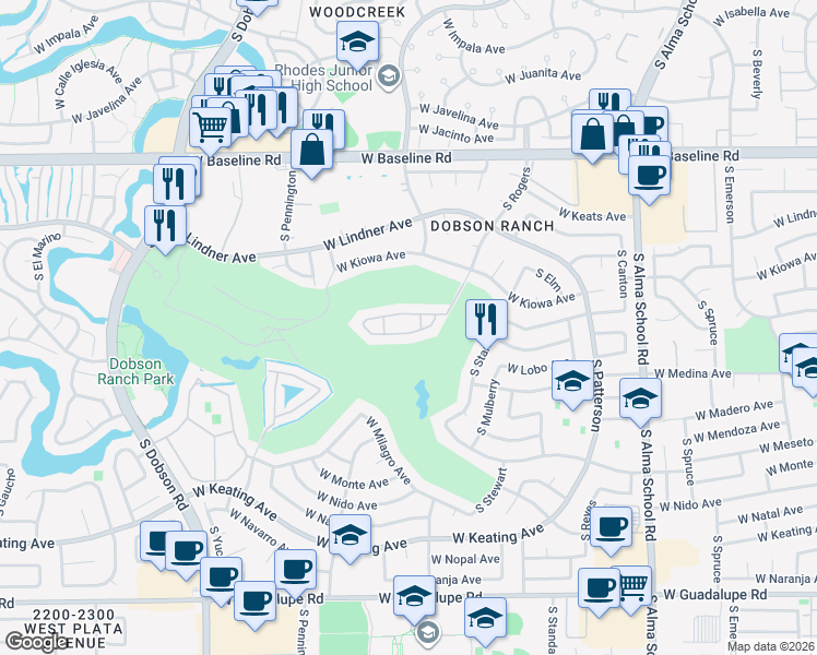 map of restaurants, bars, coffee shops, grocery stores, and more near 2322 South Rogers in Mesa