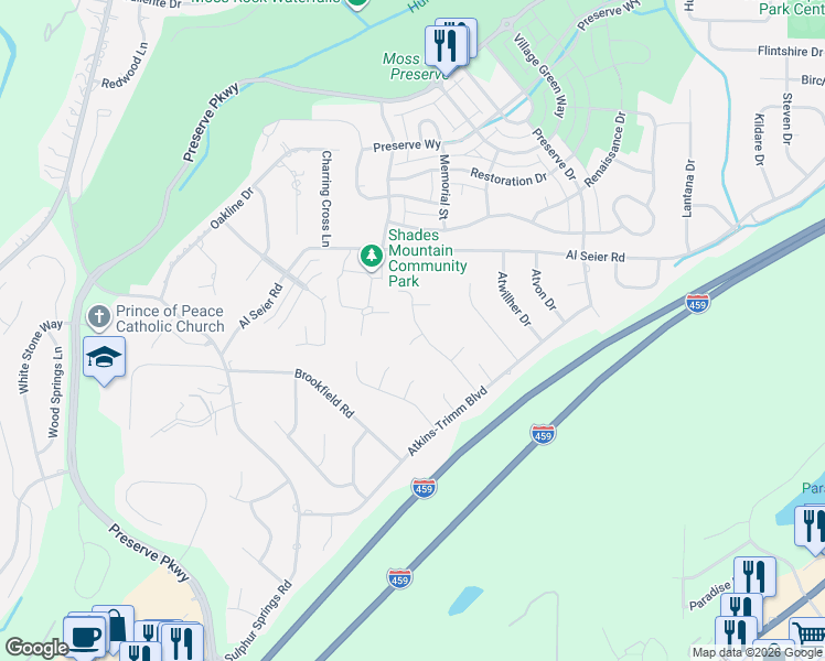 map of restaurants, bars, coffee shops, grocery stores, and more near 3542 Burntleaf Lane in Birmingham