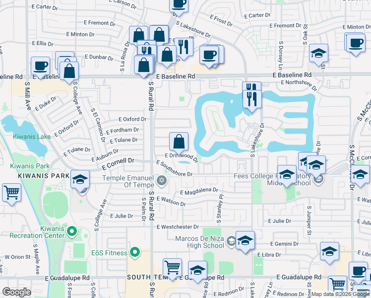 map of restaurants, bars, coffee shops, grocery stores, and more near 5527 South Compass Road in Tempe