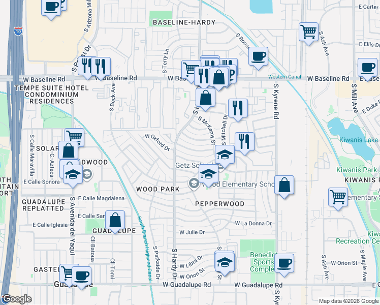 map of restaurants, bars, coffee shops, grocery stores, and more near 933 West Oxford Drive in Tempe