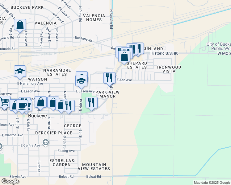 map of restaurants, bars, coffee shops, grocery stores, and more near 410 West MC 85 in Buckeye