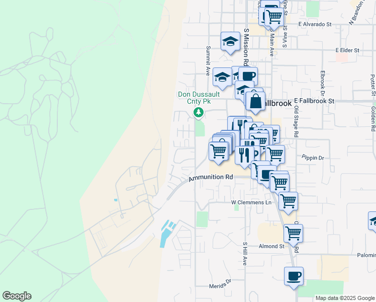 map of restaurants, bars, coffee shops, grocery stores, and more near 707 Alturas Lane in Fallbrook