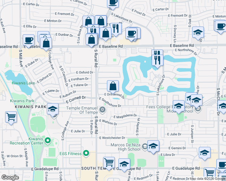 map of restaurants, bars, coffee shops, grocery stores, and more near 5527 South Compass Road in Tempe