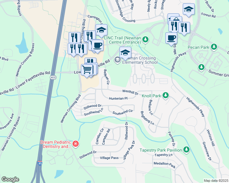 map of restaurants, bars, coffee shops, grocery stores, and more near 350 Westhill Drive in Newnan