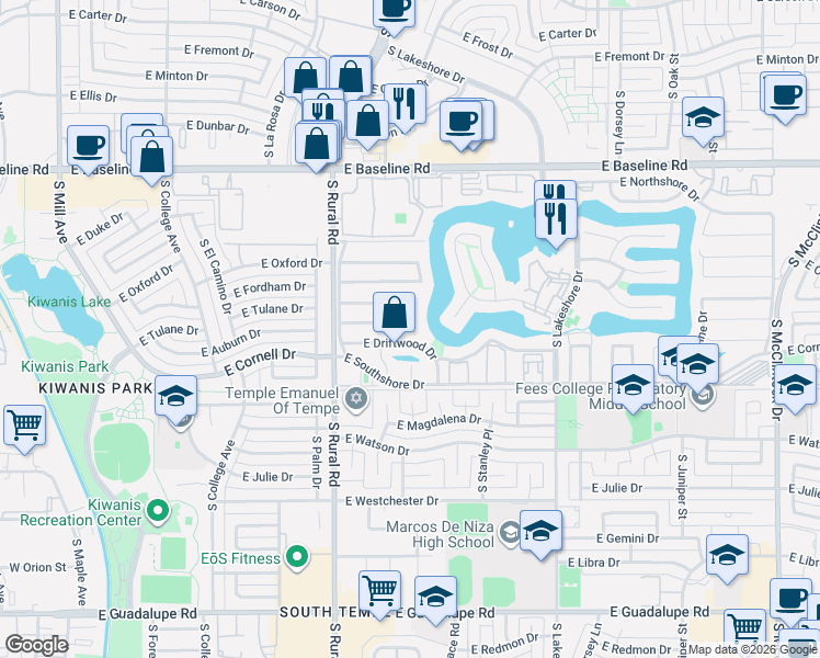 map of restaurants, bars, coffee shops, grocery stores, and more near 5527 South Compass Road in Tempe
