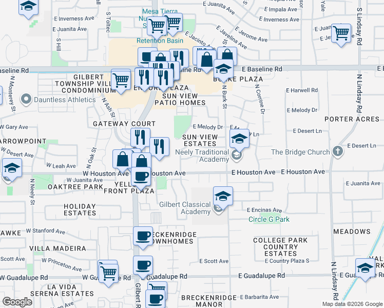 map of restaurants, bars, coffee shops, grocery stores, and more near 301 East Desert Lane in Gilbert