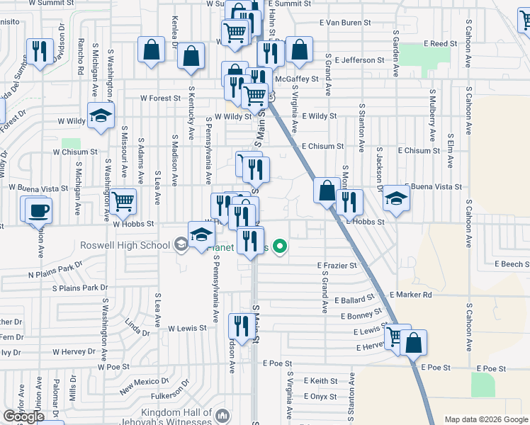 map of restaurants, bars, coffee shops, grocery stores, and more near 1612 South Main Street in Roswell