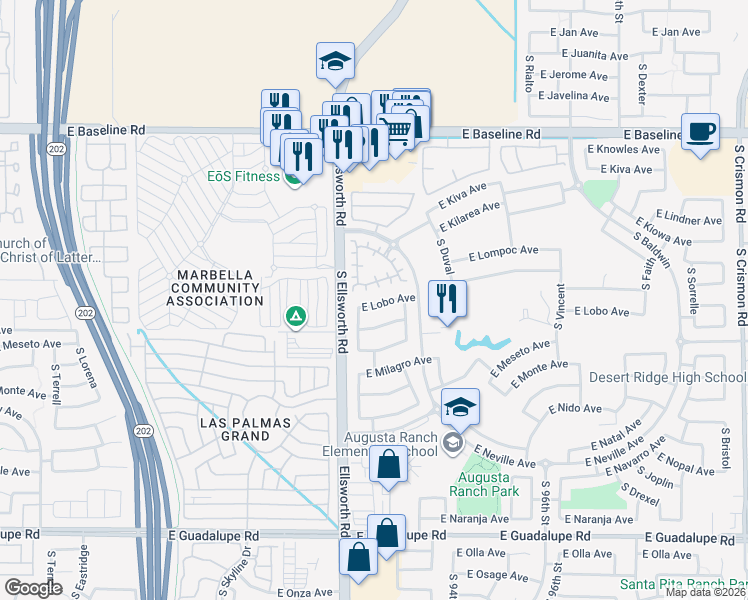 map of restaurants, bars, coffee shops, grocery stores, and more near 9242 East Lobo Avenue in Mesa