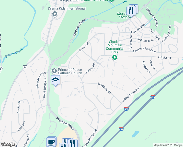 map of restaurants, bars, coffee shops, grocery stores, and more near 4569 Highland Crest Circle in Birmingham