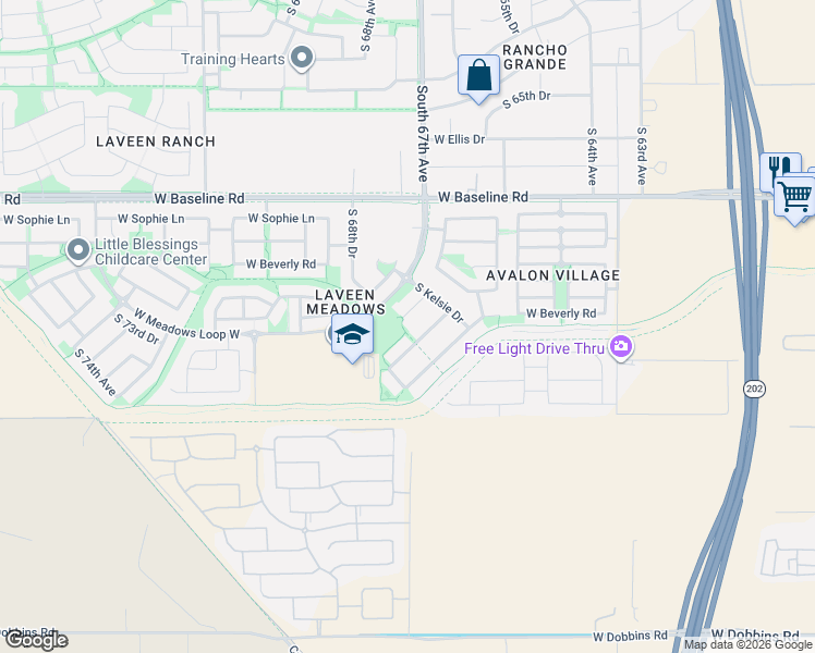 map of restaurants, bars, coffee shops, grocery stores, and more near 6739 West Beverly Road in Phoenix