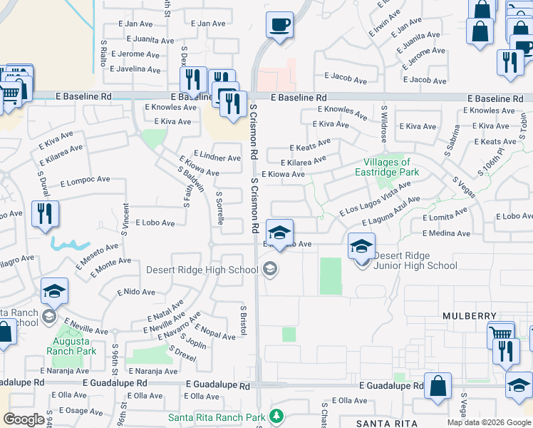 map of restaurants, bars, coffee shops, grocery stores, and more near 2310 South Abbey in Mesa