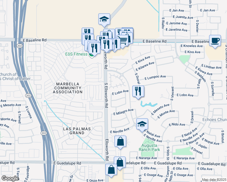map of restaurants, bars, coffee shops, grocery stores, and more near 9242 East Lobo Avenue in Mesa