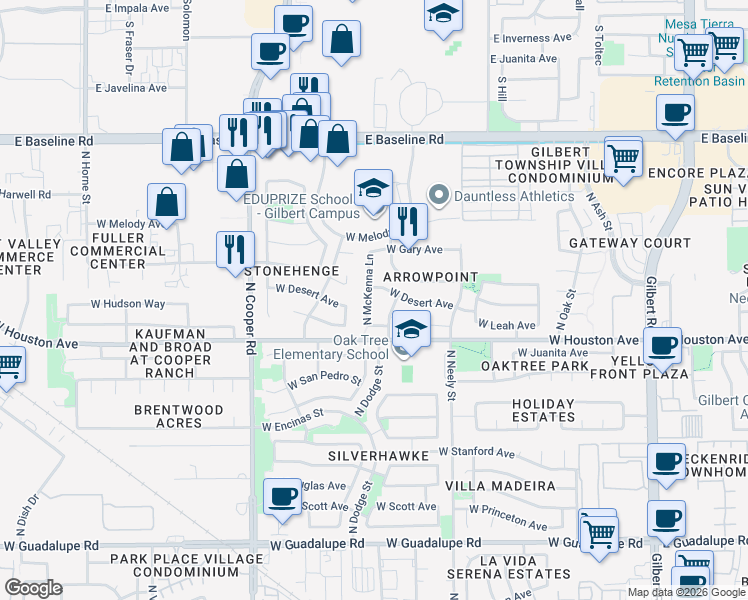 map of restaurants, bars, coffee shops, grocery stores, and more near 1312 North McKenna Lane in Gilbert