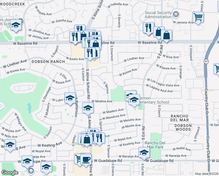 map of restaurants, bars, coffee shops, grocery stores, and more near 2259 South Spruce in Mesa