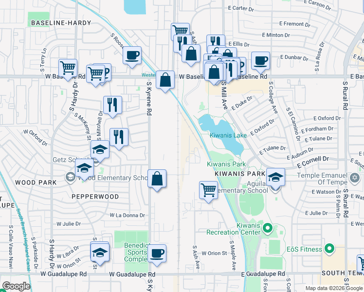 map of restaurants, bars, coffee shops, grocery stores, and more near 5333 S Kyrene Rd in Tempe