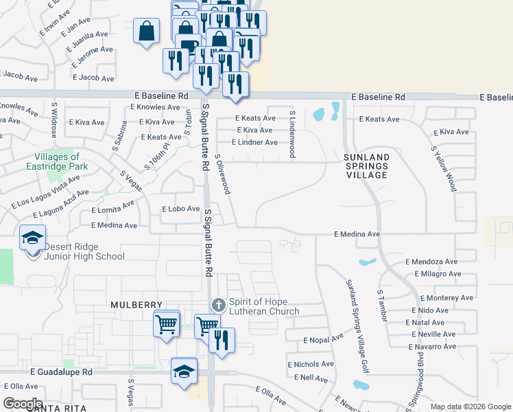 map of restaurants, bars, coffee shops, grocery stores, and more near 2317 South Olivewood in Mesa