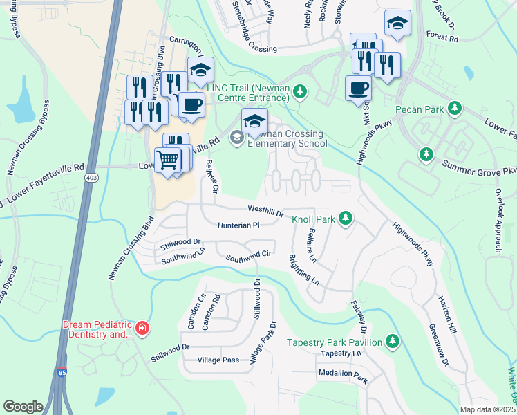 map of restaurants, bars, coffee shops, grocery stores, and more near 313 Westhill Drive in Newnan