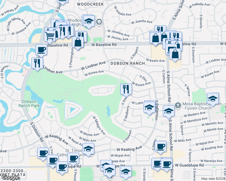 map of restaurants, bars, coffee shops, grocery stores, and more near 2322 South Rogers in Mesa