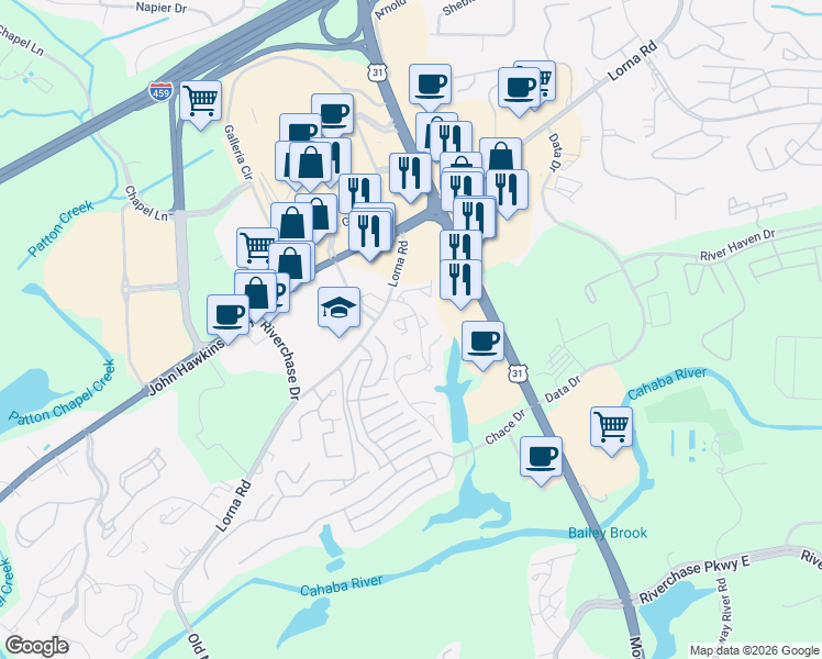 map of restaurants, bars, coffee shops, grocery stores, and more near 1975 Waterford Place in Hoover