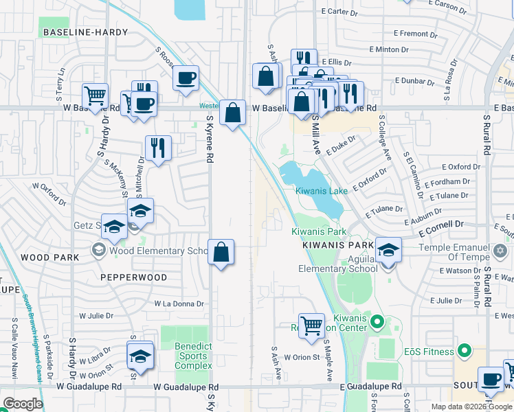map of restaurants, bars, coffee shops, grocery stores, and more near 5333 S Kyrene Rd in Tempe