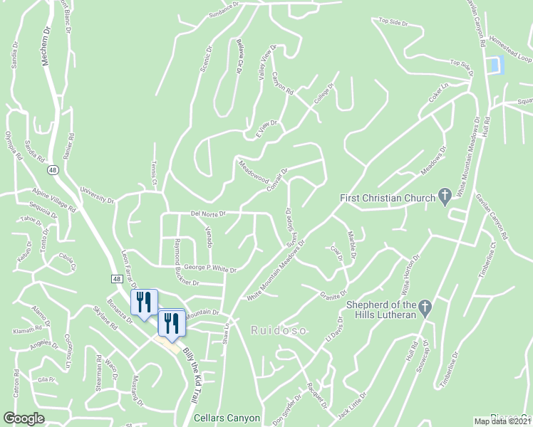 map of restaurants, bars, coffee shops, grocery stores, and more near 164 Del Norte Dr in Ruidoso