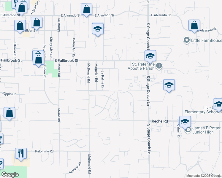 map of restaurants, bars, coffee shops, grocery stores, and more near 1181 Gearald Way in Fallbrook