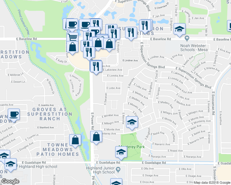 map of restaurants, bars, coffee shops, grocery stores, and more near 6930 East Medina Avenue in Mesa