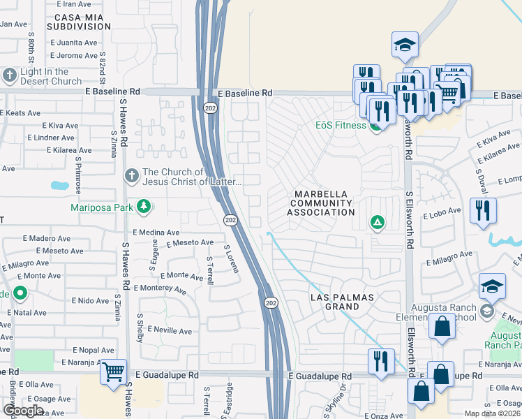 map of restaurants, bars, coffee shops, grocery stores, and more near 8755 East Laguna Azul Avenue in Mesa