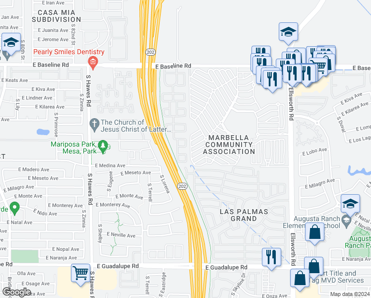 map of restaurants, bars, coffee shops, grocery stores, and more near 8755 East Laguna Azul Avenue in Mesa