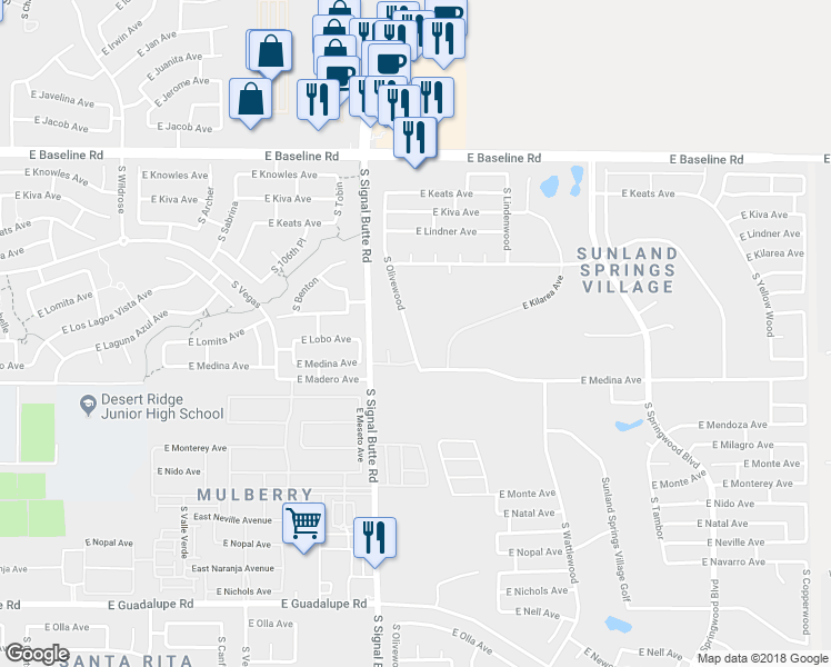 map of restaurants, bars, coffee shops, grocery stores, and more near 2317 South Olivewood in Mesa