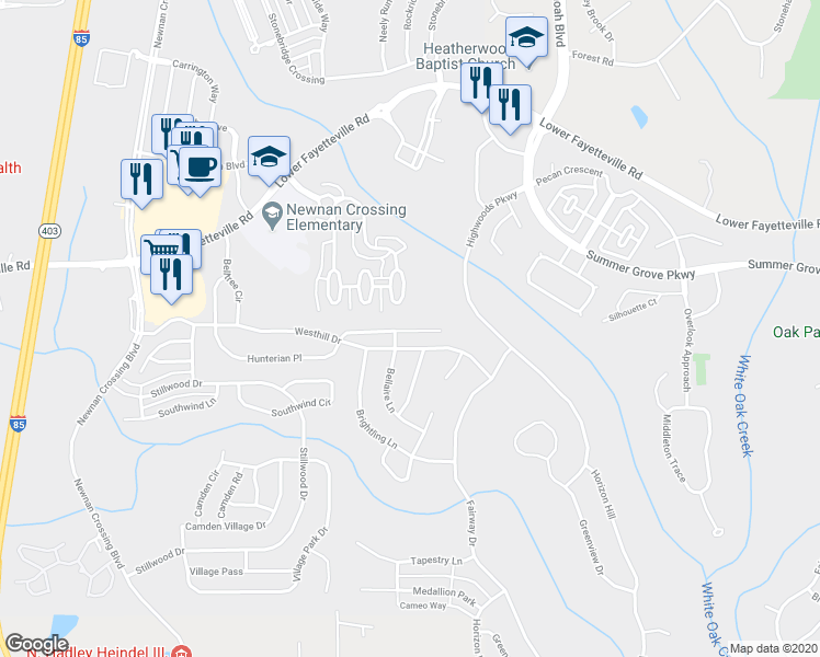 map of restaurants, bars, coffee shops, grocery stores, and more near 135 Hunterian Place in Newnan