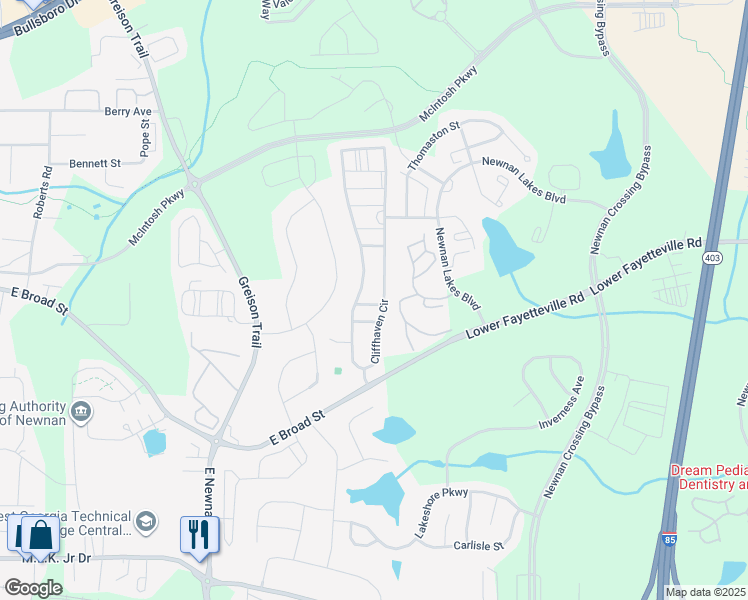 map of restaurants, bars, coffee shops, grocery stores, and more near 340 Cliffhaven Circle in Newnan