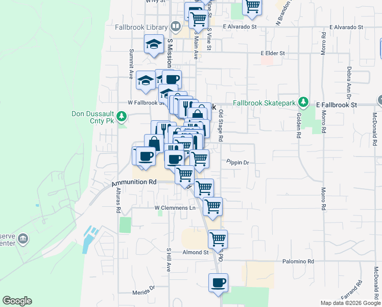 map of restaurants, bars, coffee shops, grocery stores, and more near 1019 South Main Avenue in Fallbrook