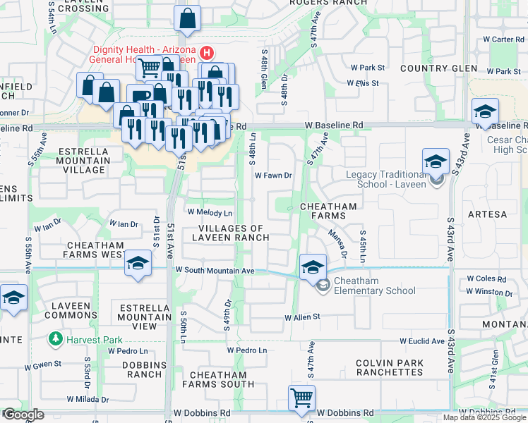 map of restaurants, bars, coffee shops, grocery stores, and more near 8014 South 48th Drive in Phoenix