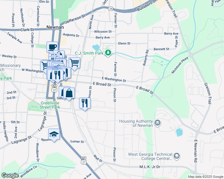 map of restaurants, bars, coffee shops, grocery stores, and more near 66 Jones Street in Newnan