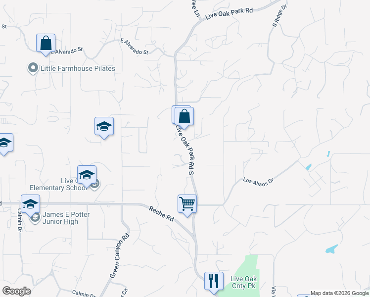 map of restaurants, bars, coffee shops, grocery stores, and more near 1027 Live Oak Park Road South in Fallbrook