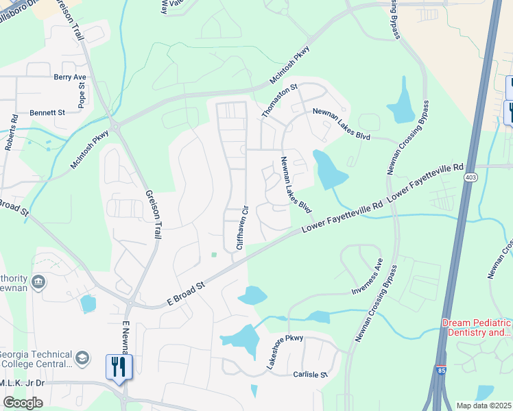 map of restaurants, bars, coffee shops, grocery stores, and more near 80 Newnan Lakes Boulevard in Newnan