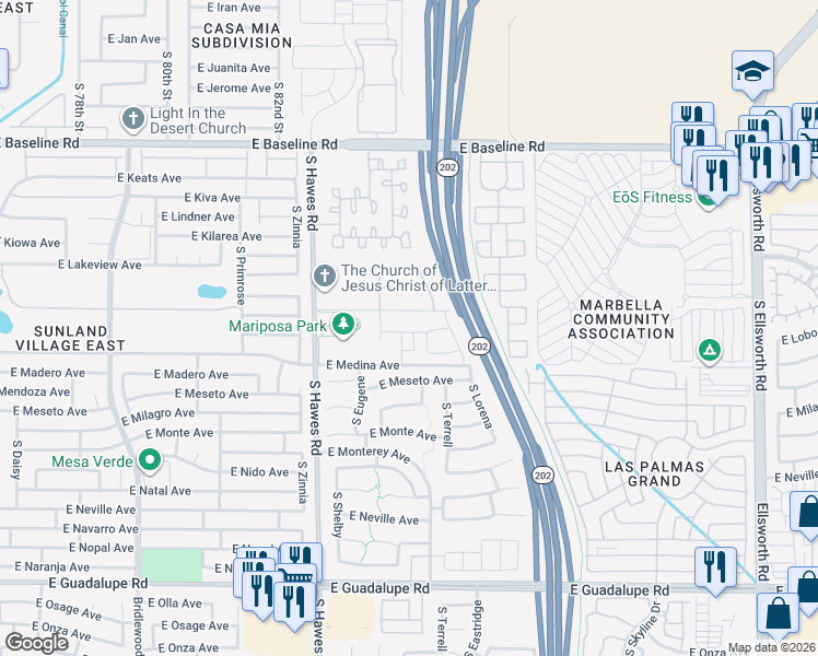 map of restaurants, bars, coffee shops, grocery stores, and more near 8553 East Desert Lane in Mesa