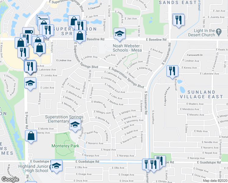 map of restaurants, bars, coffee shops, grocery stores, and more near 7360 East Laguna Azul Avenue in Mesa