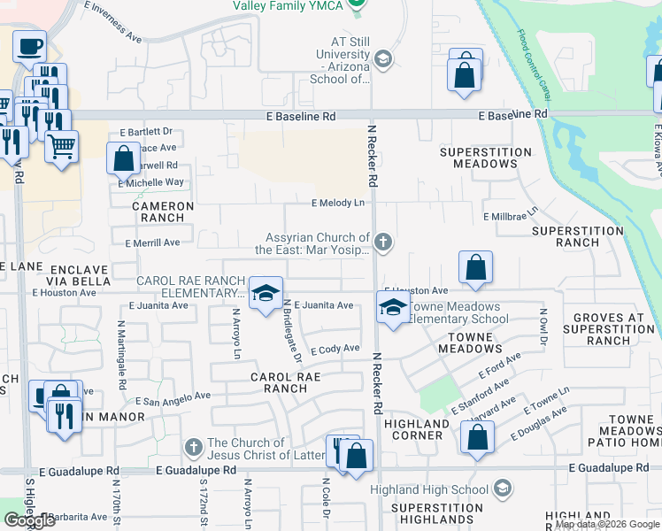 map of restaurants, bars, coffee shops, grocery stores, and more near 3918 East Leah Court in Gilbert