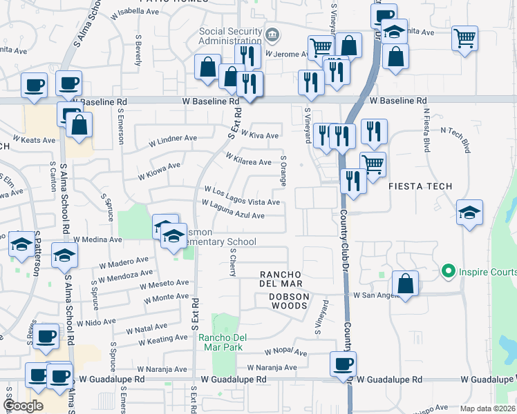 map of restaurants, bars, coffee shops, grocery stores, and more near 616 West Los Lagos Vista Avenue in Mesa