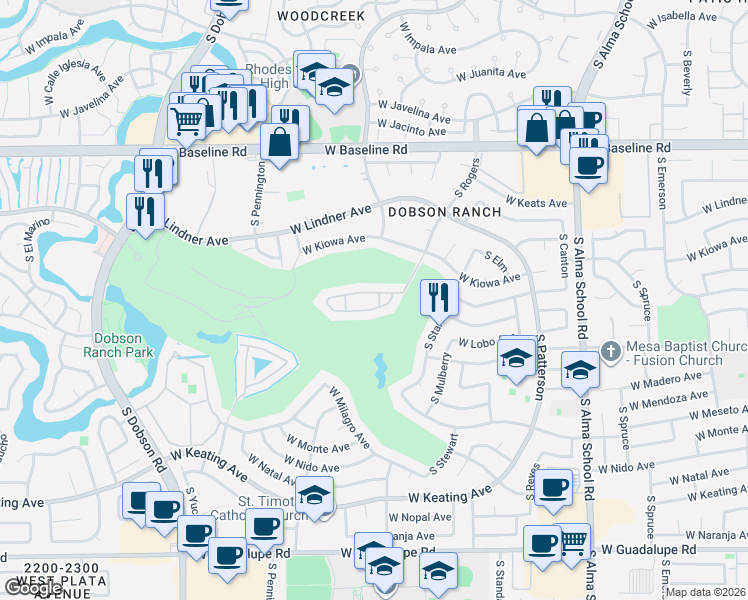 map of restaurants, bars, coffee shops, grocery stores, and more near 2322 South Rogers in Mesa