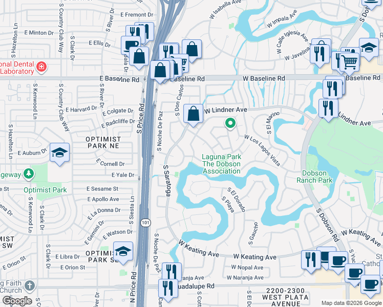 map of restaurants, bars, coffee shops, grocery stores, and more near 2253 South Estrella Circle in Mesa