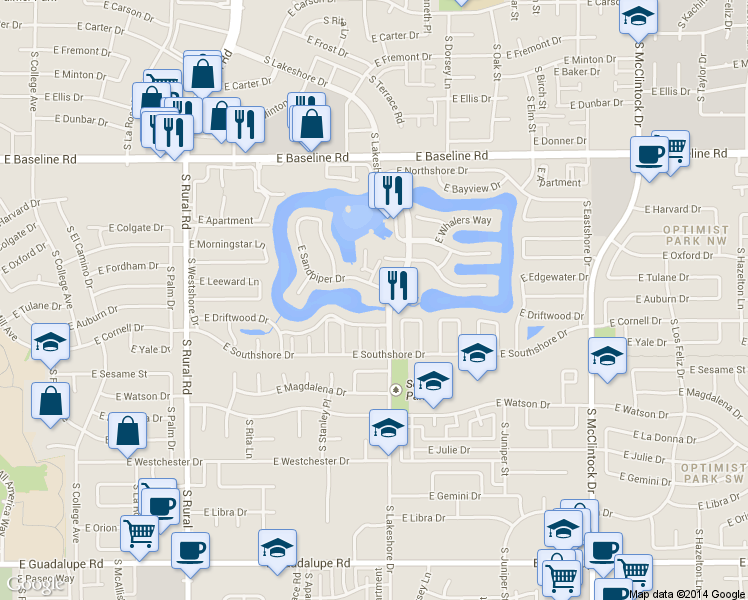 map of restaurants, bars, coffee shops, grocery stores, and more near 1137 East Sandpiper Drive in Tempe