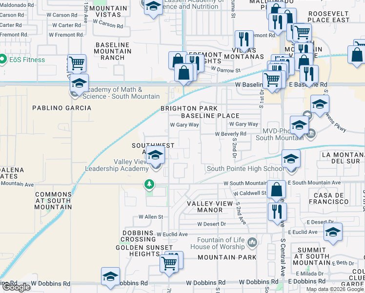 map of restaurants, bars, coffee shops, grocery stores, and more near 8013 South 5th Lane in Phoenix