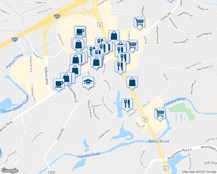 map of restaurants, bars, coffee shops, grocery stores, and more near 2016 Waterford Place in Hoover