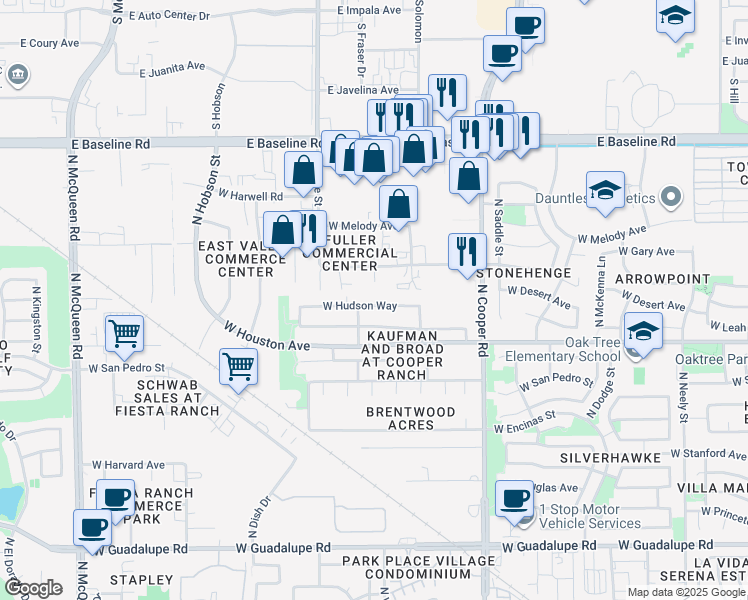 map of restaurants, bars, coffee shops, grocery stores, and more near 960 West Hudson Way in Gilbert